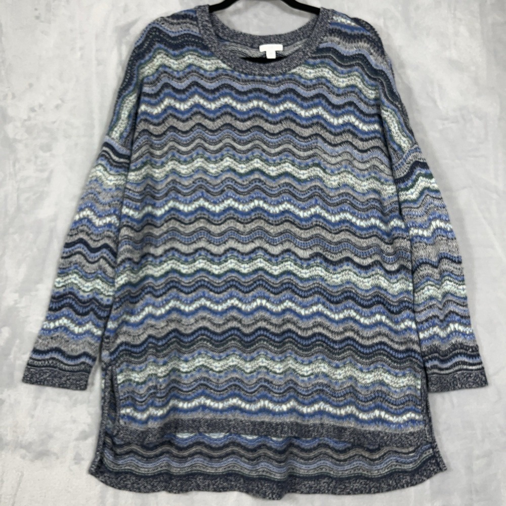 J. Jill Size XL Printed Pullover Tunic‎ Sweater Blue Cotton Blend Boho